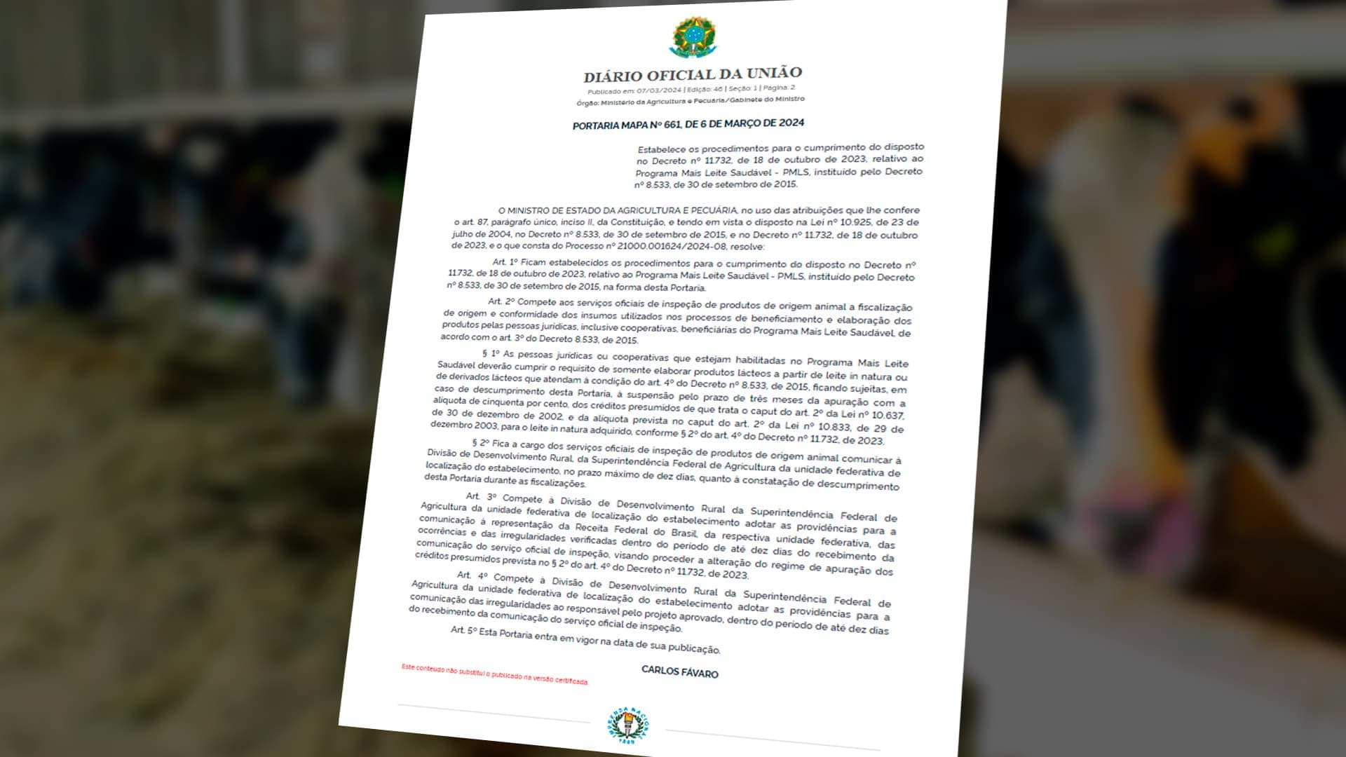 Boa notícia para o setor leiteiro: Nova Portaria do MAPA publicada hoje (07) aumenta rigor na fiscalização de leite importado