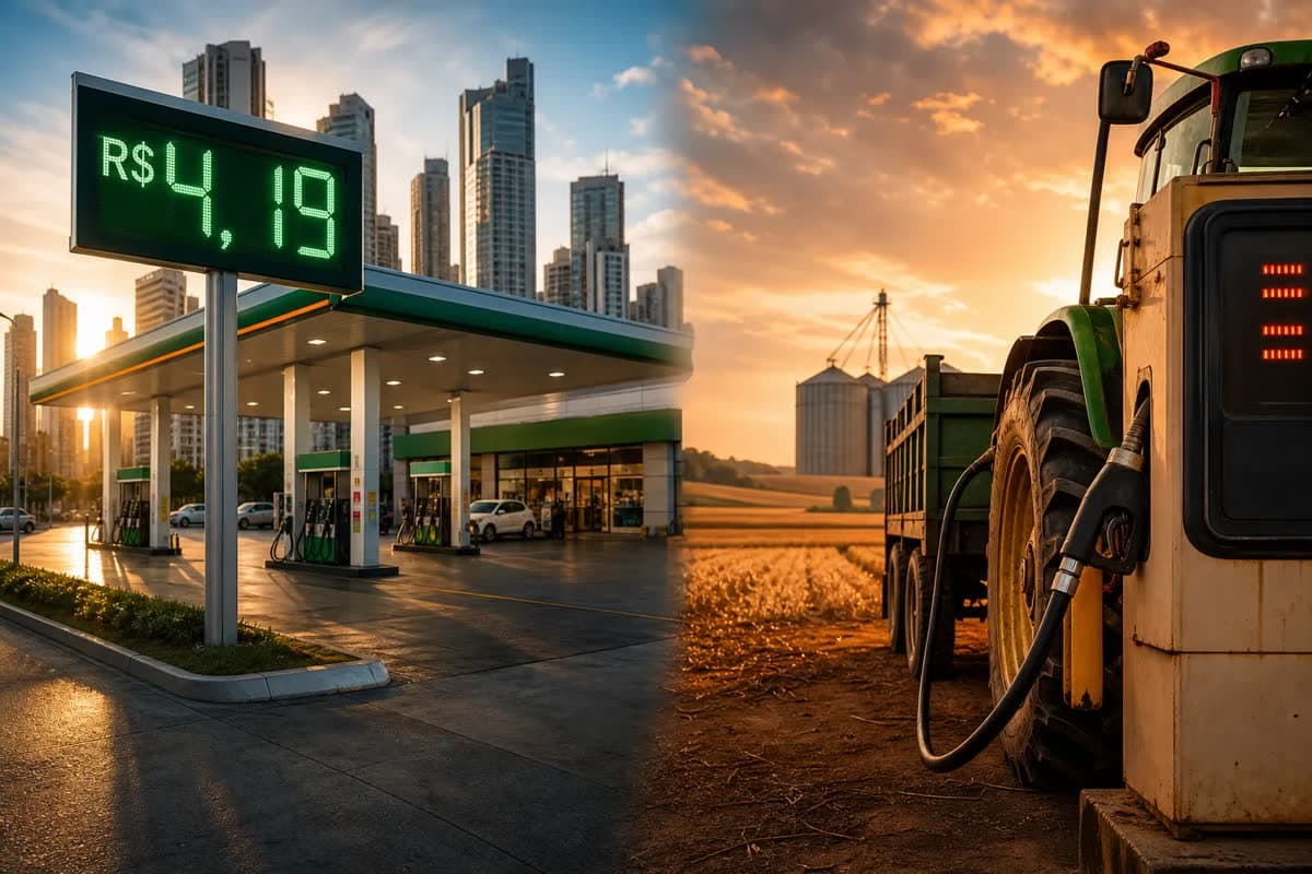 Posto de gasolina na cidade com preço baixo contrasta com trator no campo abastecendo diesel caro, representando o impacto do reajuste de combustíveis no agro