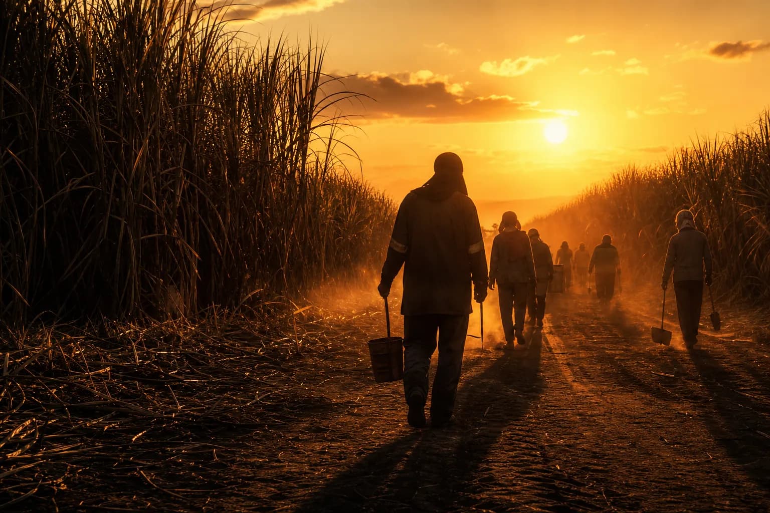 Trabalhadores rurais no campo ao entardecer representando a jornada de trabalho no agronegocio brasileiro