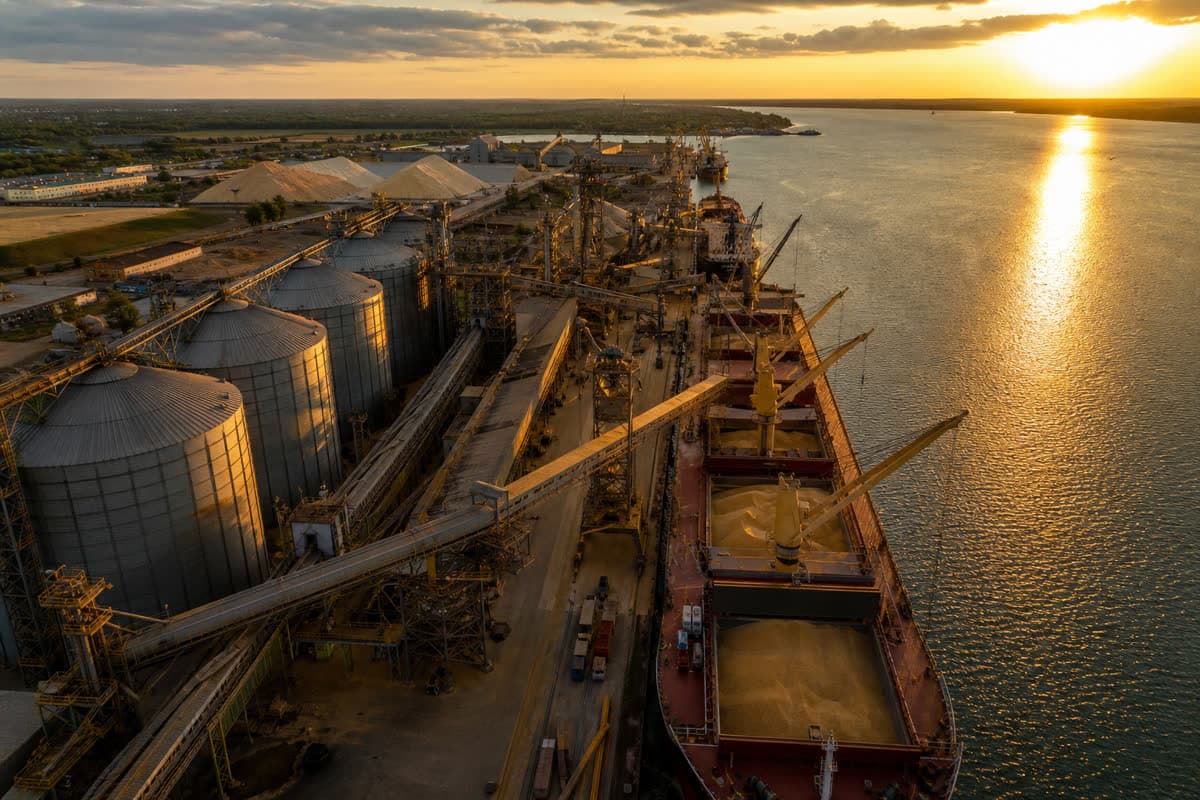 Porto brasileiro com navios carregando graos e soja para exportacao