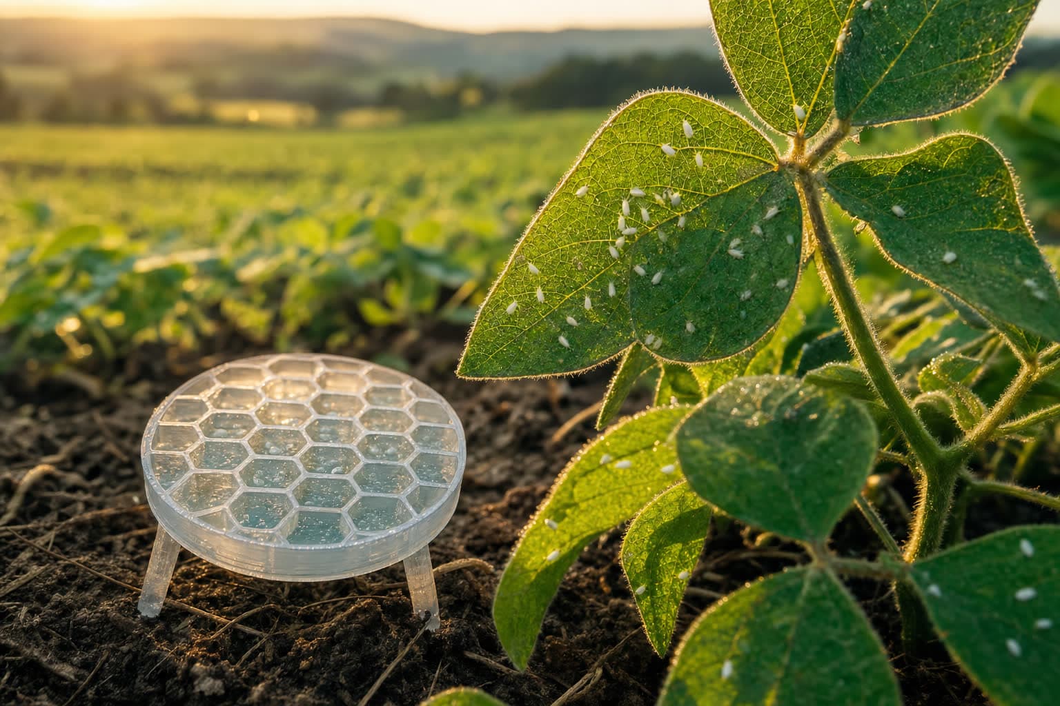 Mosca branca em lavoura com dispositivo impresso em 3D para controle biologico com oleos essenciais nanoencapsulados