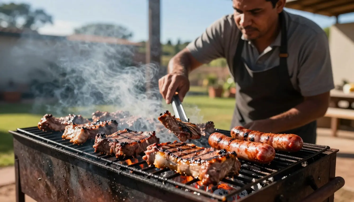 Churrasco com diferentes cortes de carne sendo assados, destacando a importância da escolha da carne para um resultado saboro
