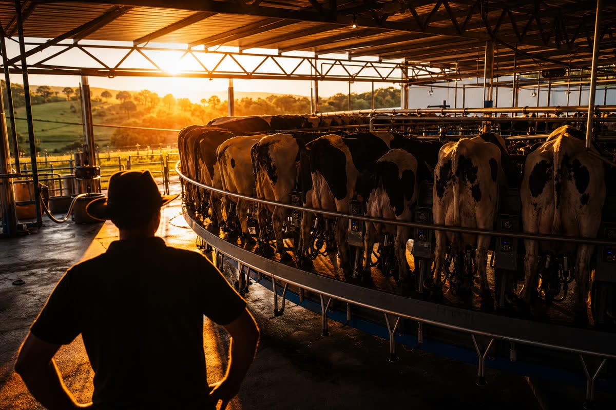 Vacas leiteiras em ordenha moderna no Brasil