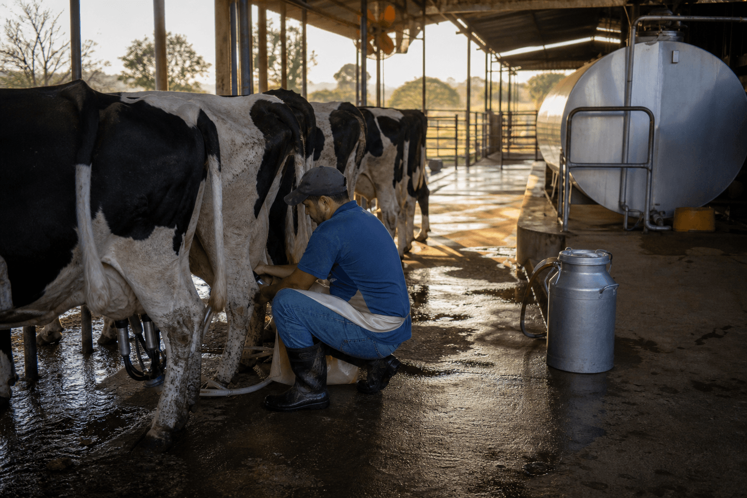 Ordenha de gado leiteiro em fazenda no Mato Grosso com tanque de resfriamento ao fundo durante o final da tarde