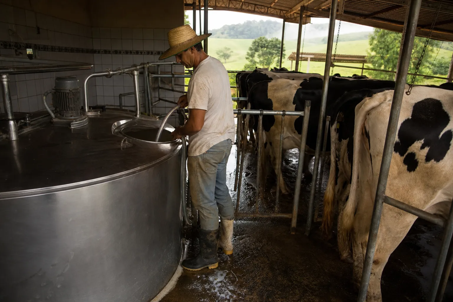 Produtor rural acompanha ordenha em fazenda leiteira com tanque de resfriamento