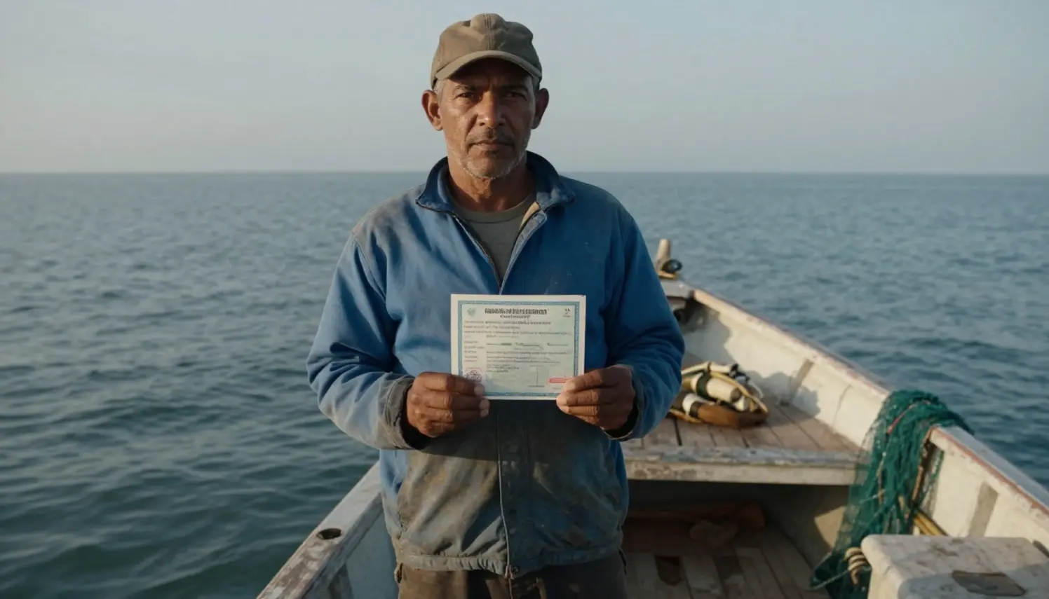 Pescador profissional segurando documento de licença de pesca em barco, representando regularização no Registro Geral da Pesc
