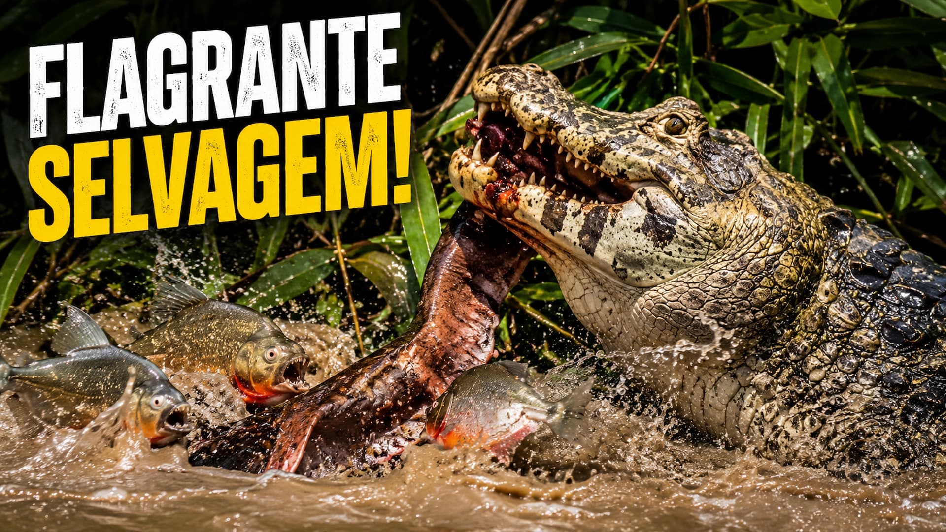 Flagrante de jacaré-do-pantanal comendo muçum em meio a piranhas viraliza nas redes sociais