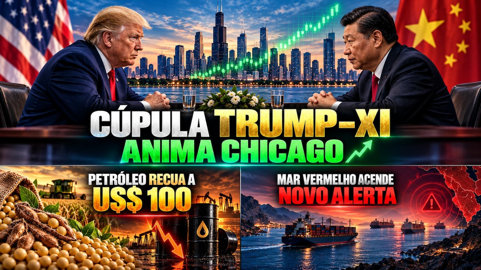 Cúpula Trump–Xi anima Chicago, Petróleo recua a US$ 100 e Mar Vermelho acende novo alerta