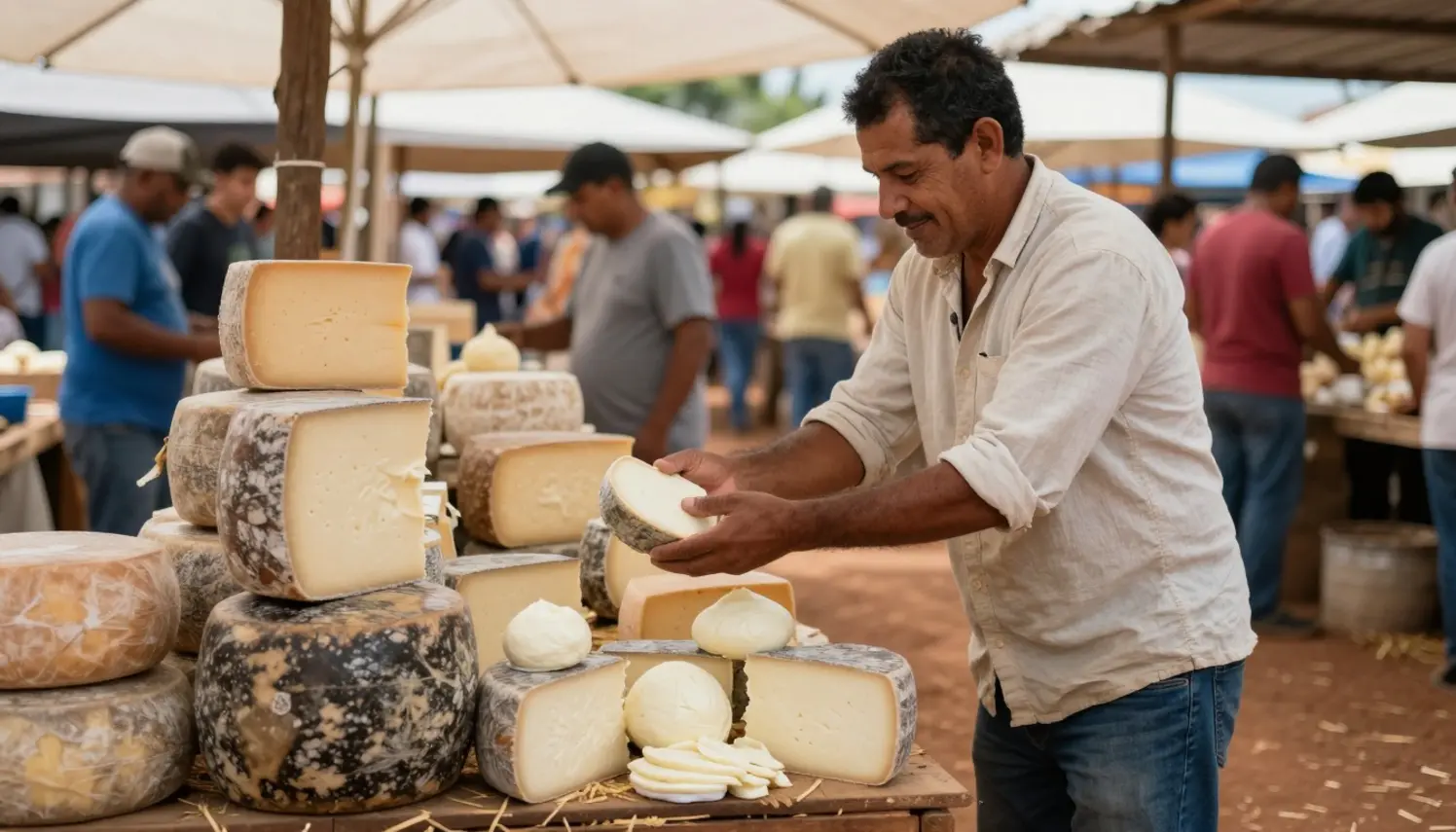 Variedade de queijos produzidos em Mato Grosso, com destaque para a mussarela, em um ambiente de comercialização.