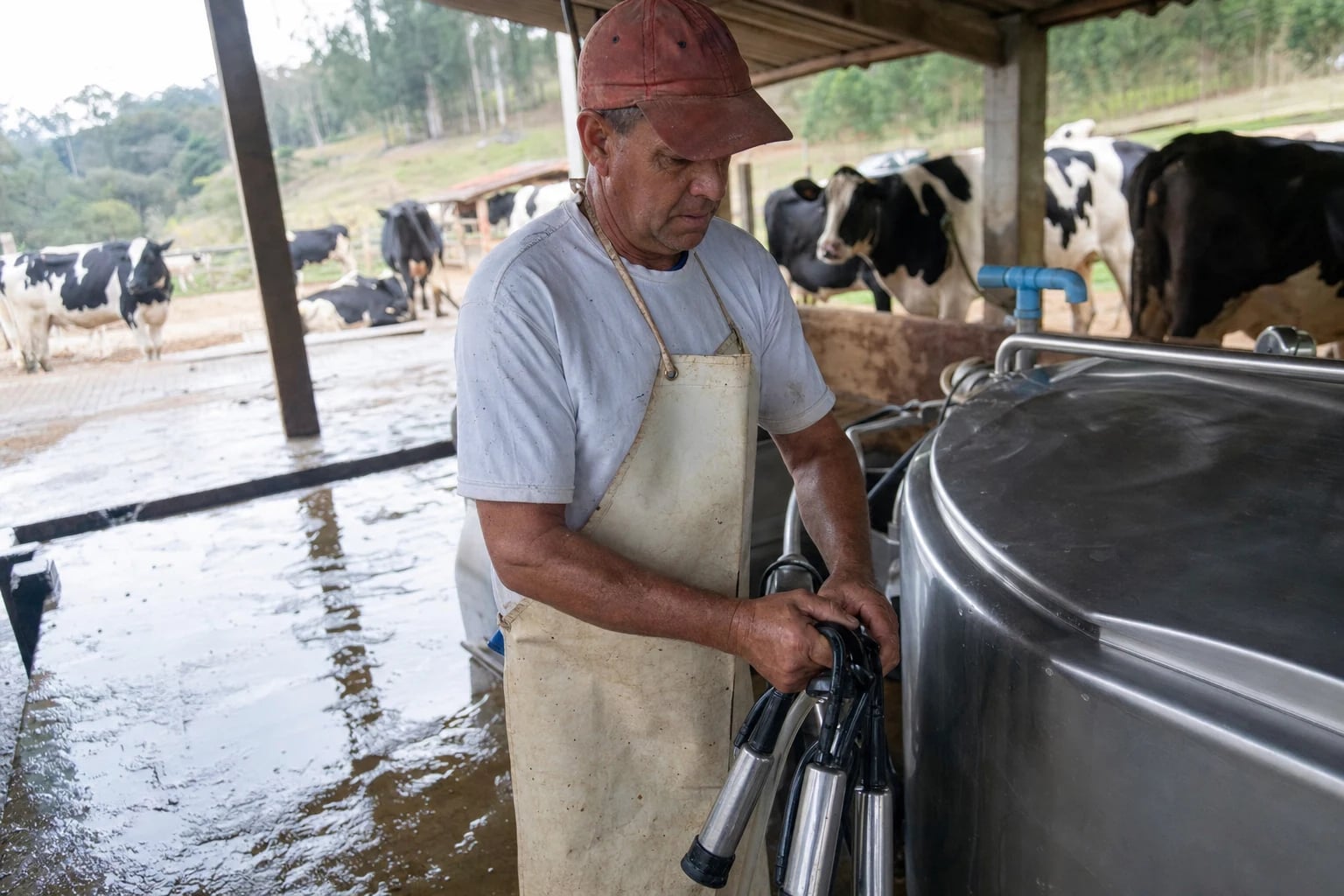 Produtor rural manuseia equipamentos de ordenha ao lado de tanque de resfriamento em fazenda leiteira brasileira