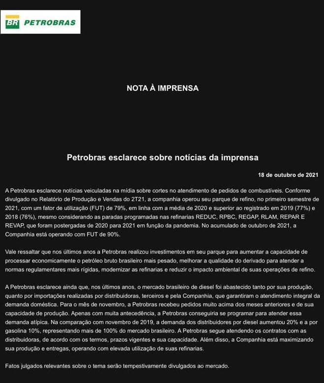 Segura na cadeira: Petrobras admite risco de faltar combust&iacute;vel em novembro