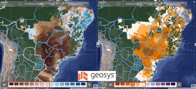 Figura 1. Precipita&ccedil;&atilde;o acumulada em rela&ccedil;&atilde;o &agrave; m&eacute;dia dos &uacute;ltimos 10 anos (esquerda) e umidade do solo em rela&ccedil;&atilde;o &agrave; m&eacute;dia dos &uacute;ltimos 10 anos (direita).
Fonte: Geosys AgriQuest tool