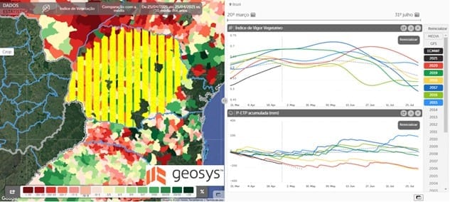 Figura 2. &Iacute;ndice do vigor vegetativo (NDVI) e balan&ccedil;o h&iacute;drico (diferen&ccedil;a entre a Precipita&ccedil;&atilde;o Evapotranspira&ccedil;&atilde;o) no Paran&aacute; (&aacute;rea em amarelo no mapa), considerando o in&iacute;cio no dia 20 de mar&ccedil;o.
Fonte: Geosys AgriQuest tool