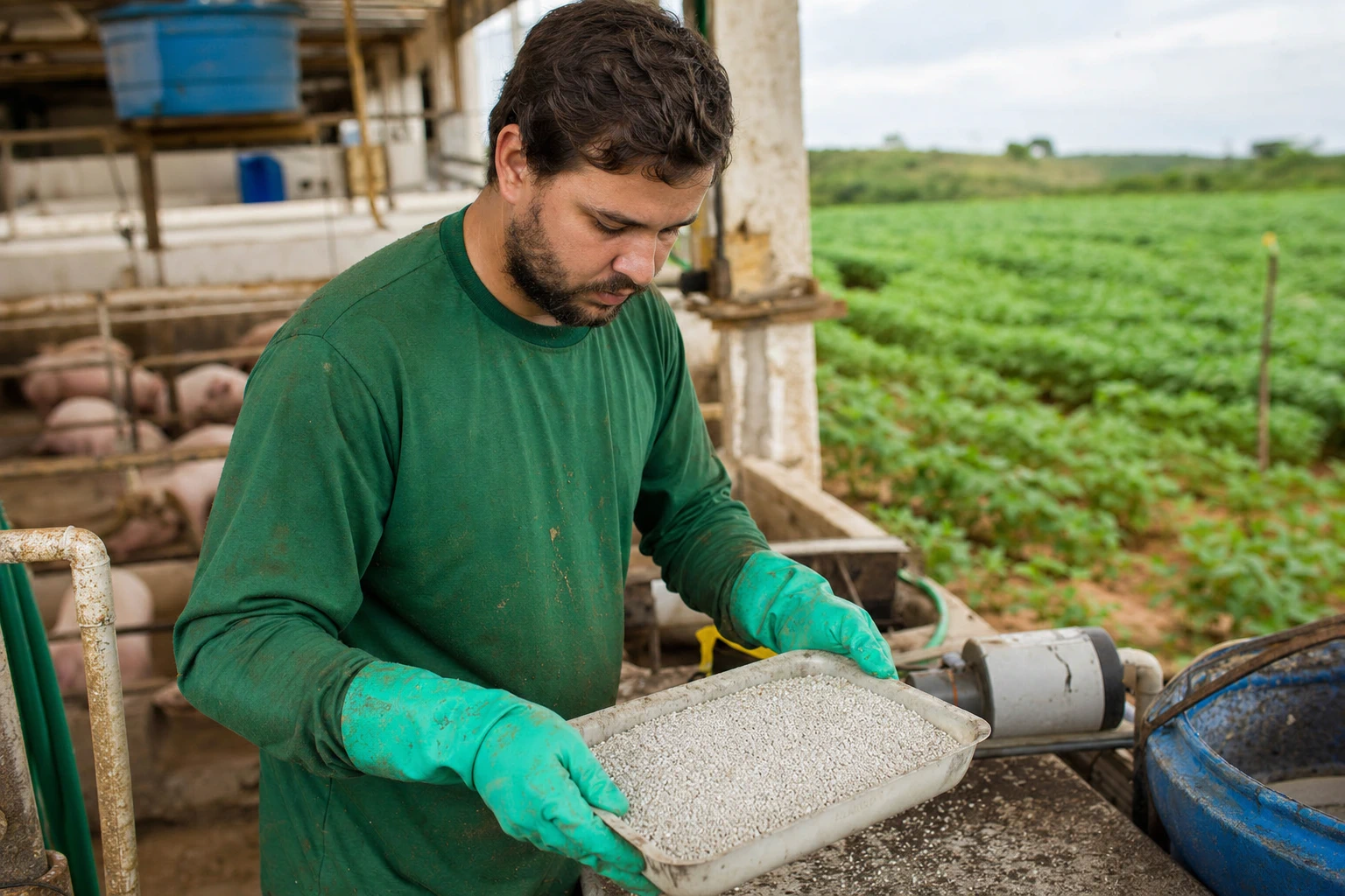 Técnico rural manuseia estruvita para uso em lavoura de soja