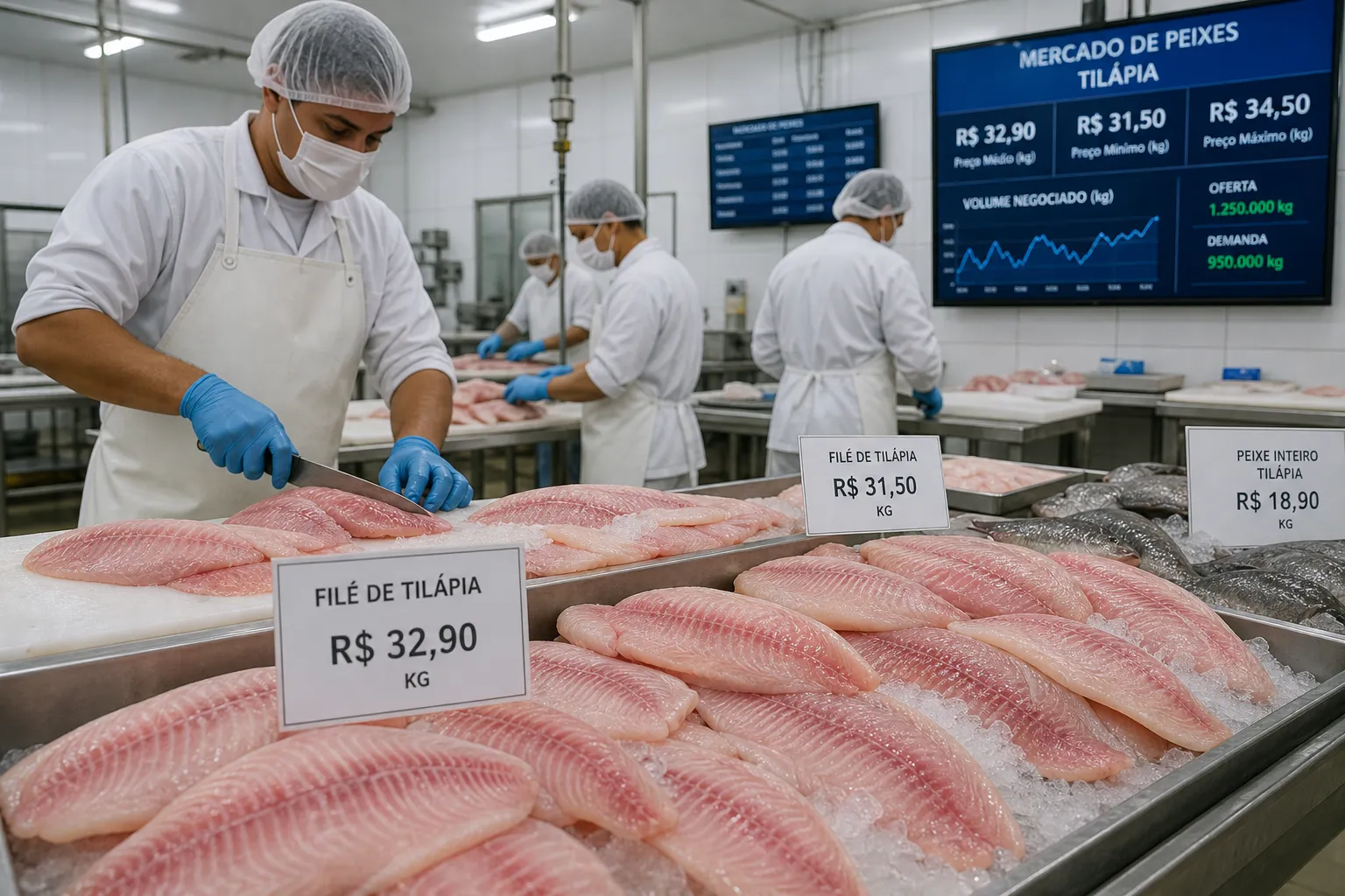 Processamento de filés de tilápia em indústria aquícola brasileira