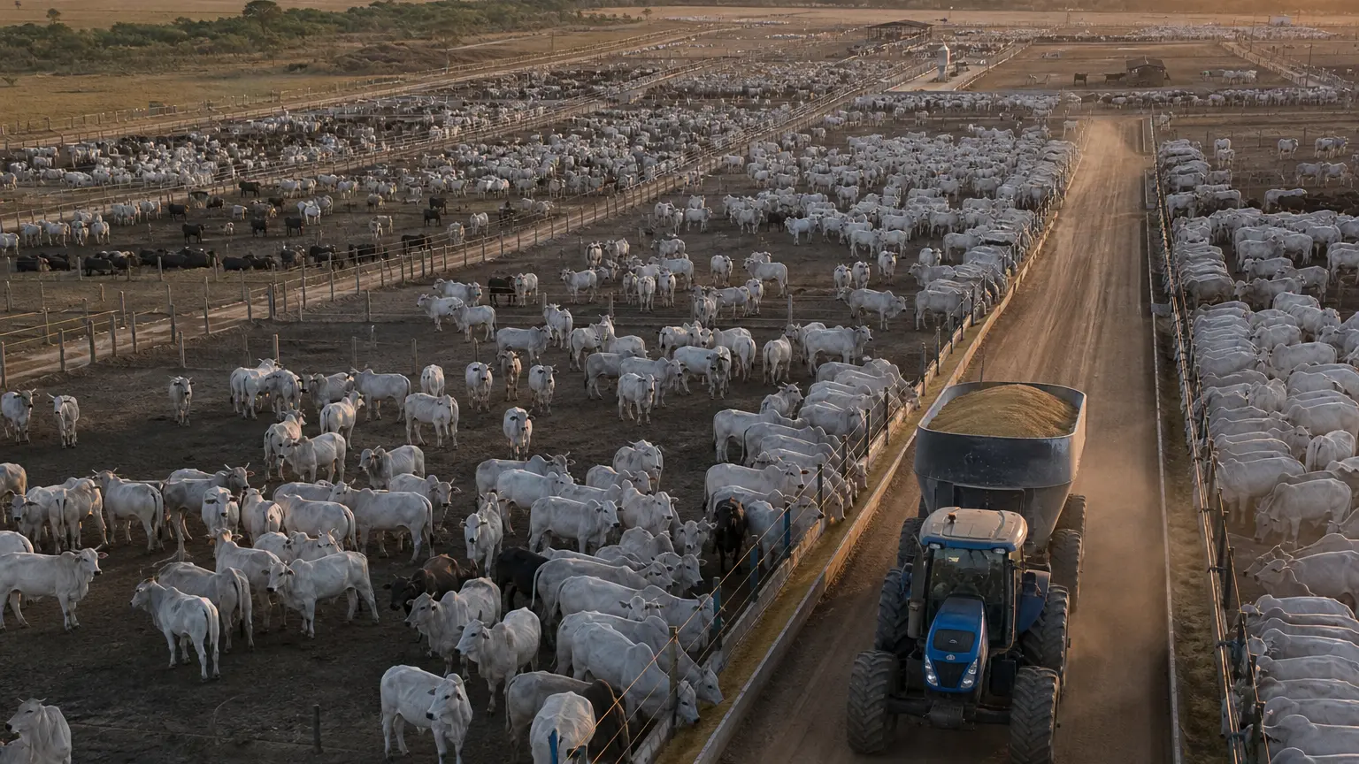 Confinamento bovino em Mato Grosso com gado Nelore em baias de engorda e cochos lineares