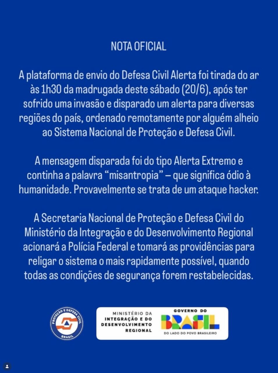 Alerta extremo no Brasil "misantropia" e o sequestro do sistema da Defesa Civil