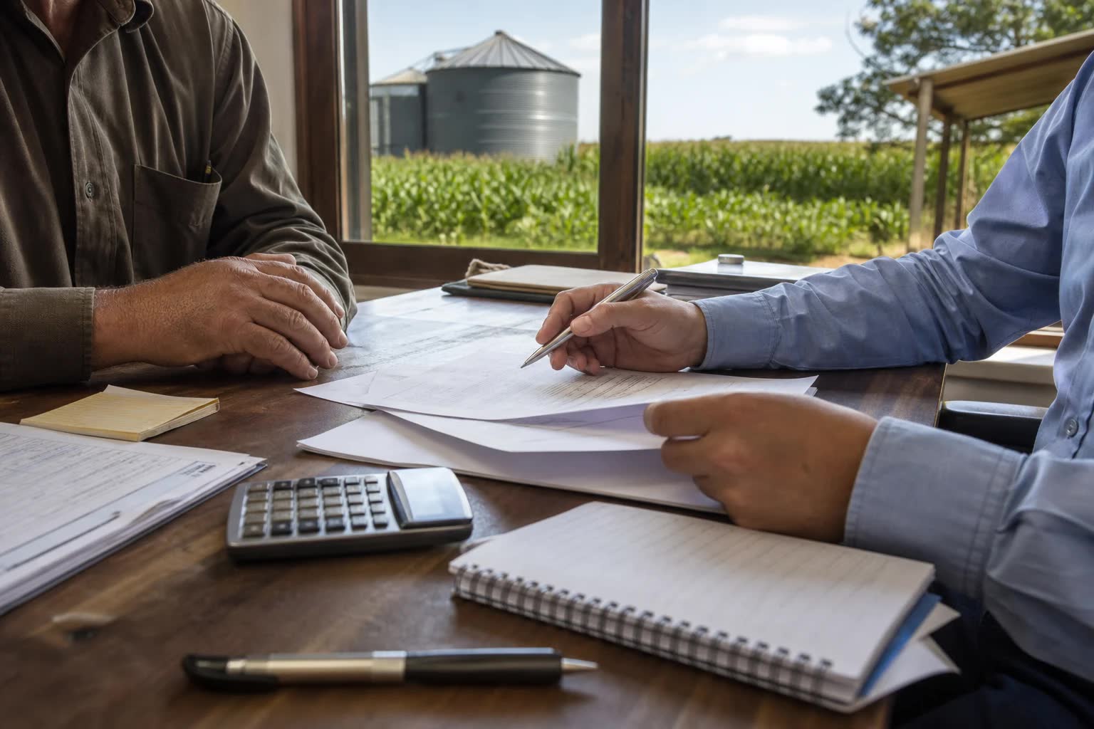 Produtor rural analisa documentos de crédito e dívidas da safra