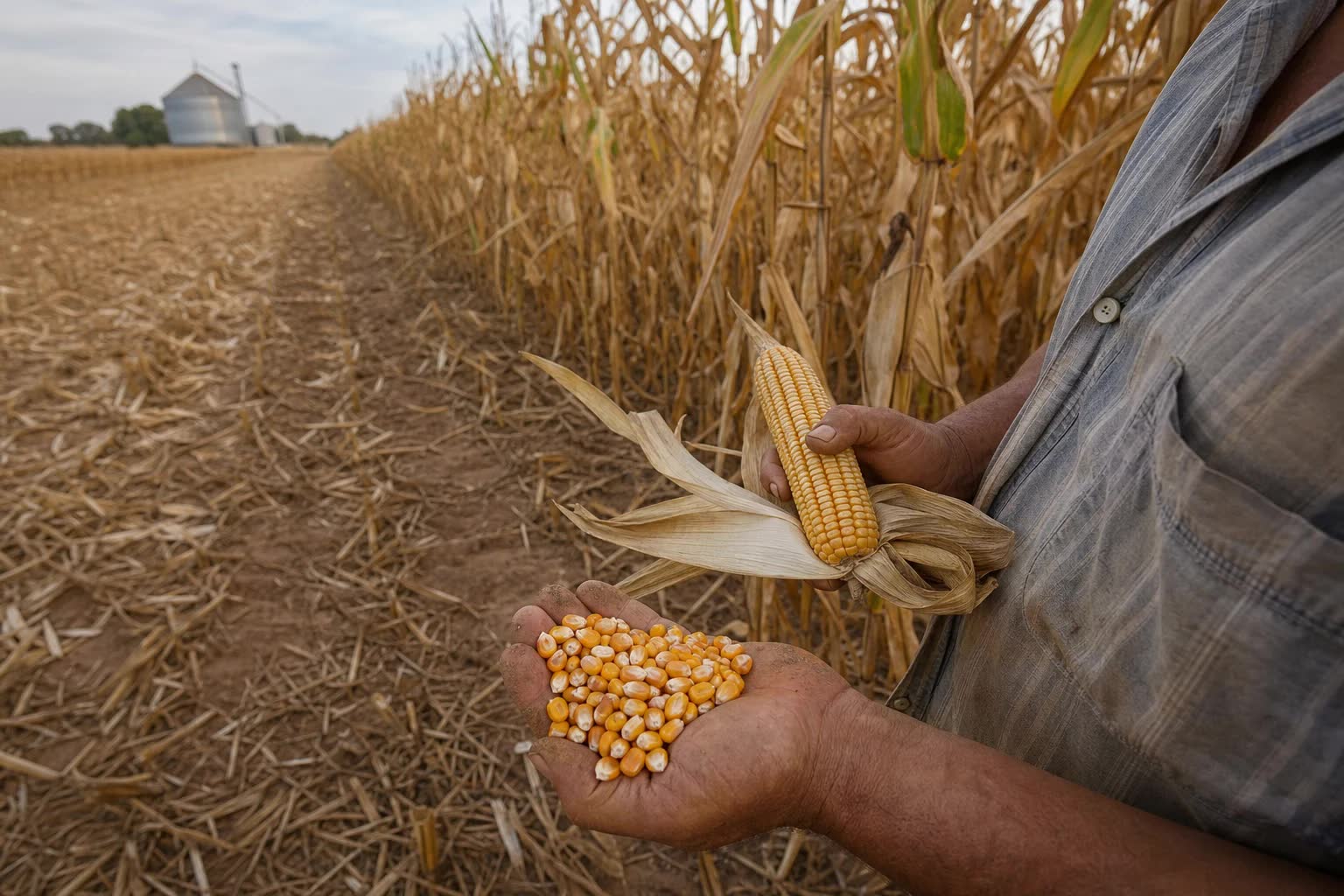 Produtor avalia grãos de milho em lavoura madura de Mato Grosso antes da colheita
