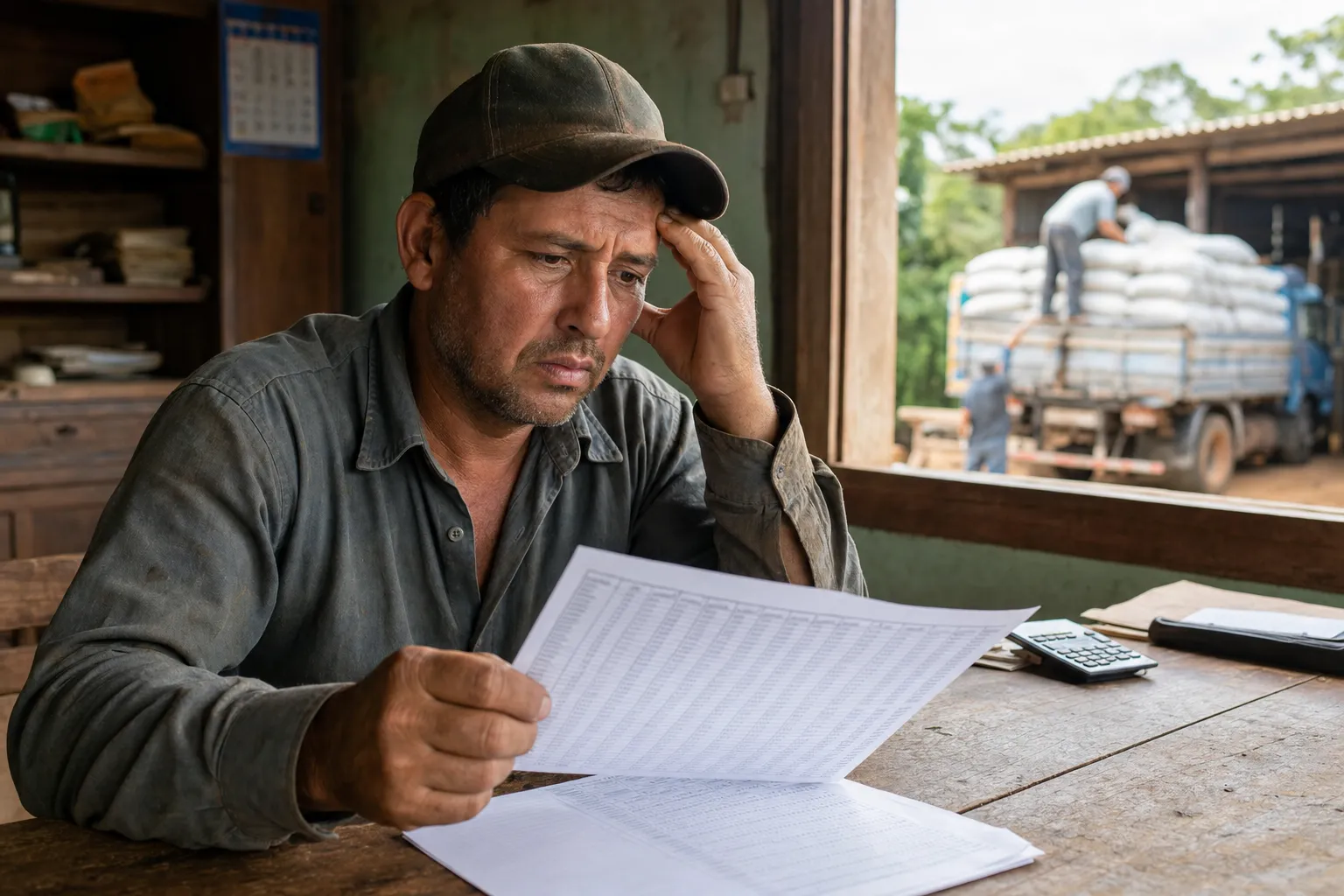 Produtor rural analisa planilha de custos com fertilizantes e insumos ao fundo