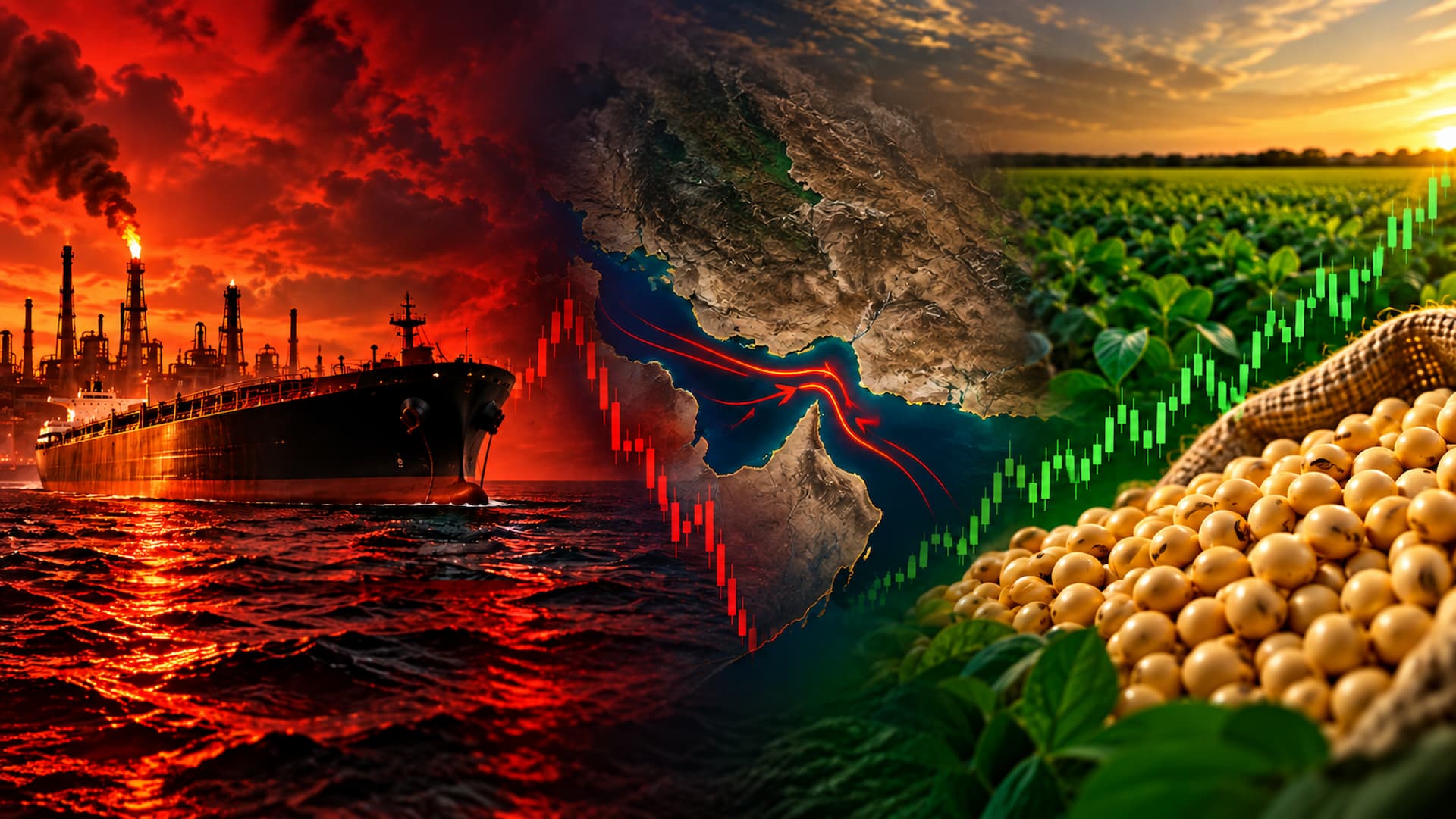 Colapso no Oriente Médio: Brent rompe US$ 100 e fecha Ormuz! Soja bate US$ 13,40 na CBOT